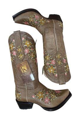 King Exotic Women’s Floral Embroidered Western Boots - Oryx Distressed